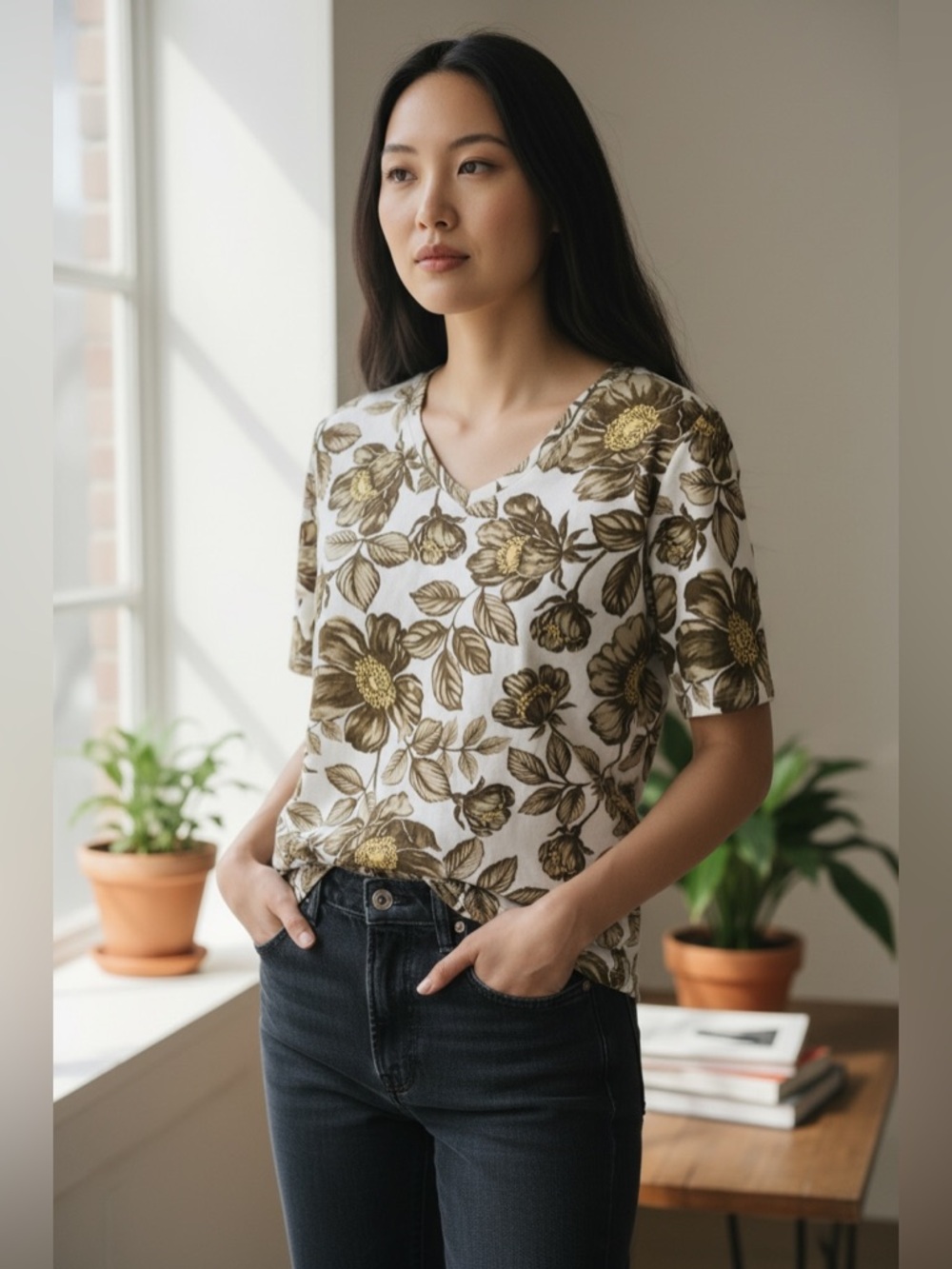 NWT‎ Floral Cotton Stretch Button Front Blouse 3/4 Sleeve Top Size S/M